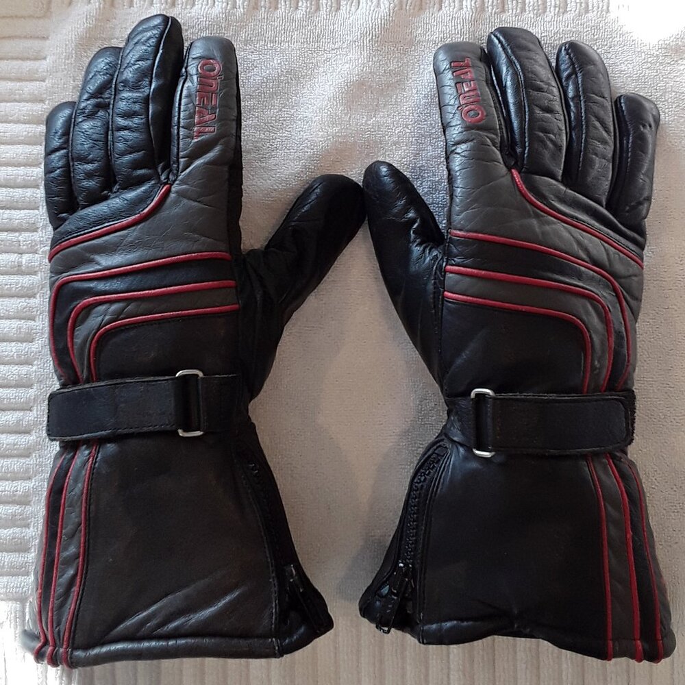 Insulated Leather Zip Gauntlet Black/Gray Motorcycle Riding Gloves w/red trim